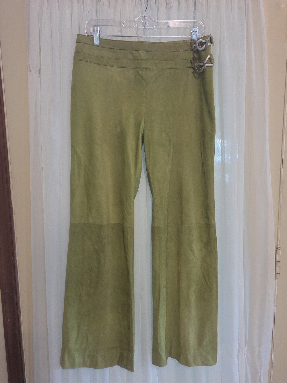 Valentino Olive Goatskin Suede Leather Wide-Leg Pants with Buckle Detail